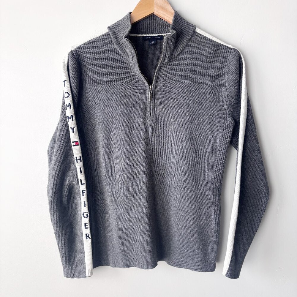 Y2K Tommy Hilfiger Spellout Sleeve Stripe 1/4 Zip Sweater Women’s Mock Large